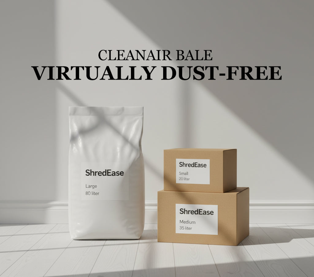 ShredEase CleanAir Bale cardboard bedding available in 20L, 35L, and 80L sizes – ultra-refined, virtually dust-free bedding designed for sensitive pets and improved air quality.
