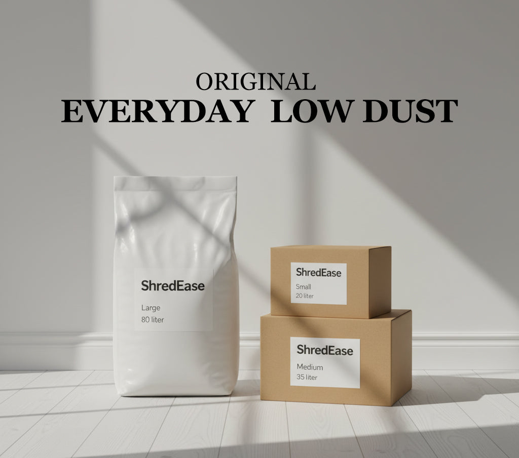 ShredEase Original low dust cardboard pet bedding in three sizes – Small 20L, Medium 35L, and Large 80L – eco-friendly everyday bedding for guinea pigs, rabbits, hamsters, and more.